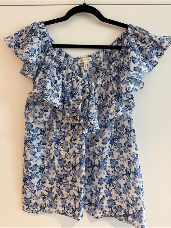 Rebecca Taylor Tops - Rebecca Taylor Blue and White Floral Ruffle Off-Shoulder Blouse - Size 10
